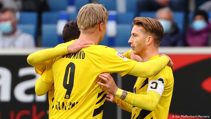 Erling Haaland celebrating with Marco Reus during Dortmund's 1-0 win over Hoffenheim